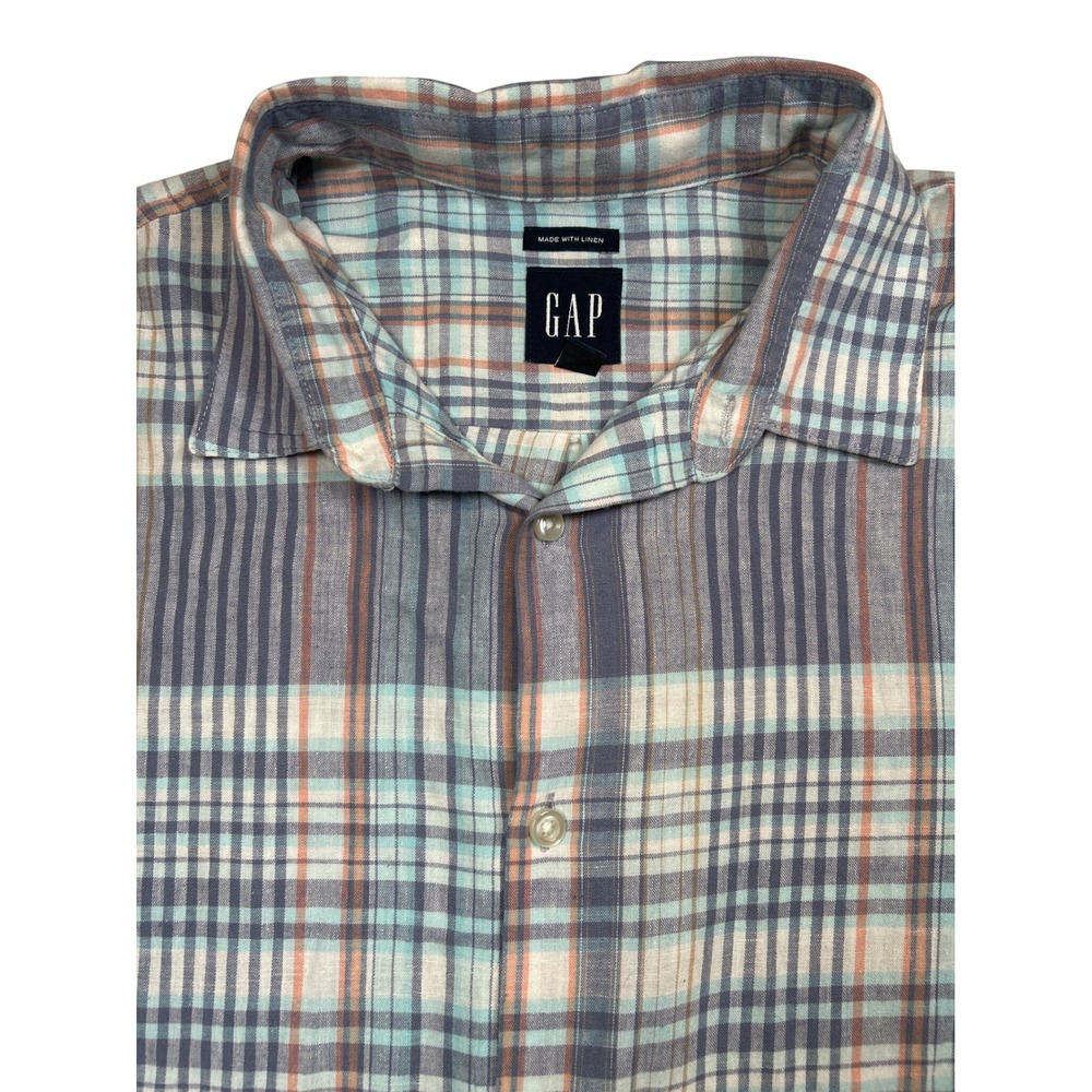 GAP Mens Linen Blend Plaid Button Down Shirt Blue Grey Orange Size M Long Sleeve